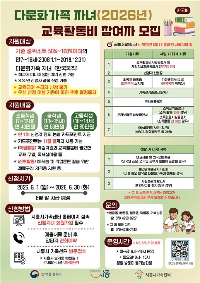 시흥시, 다문화가족 자녀 교육활동비 지원…최대 60만 원