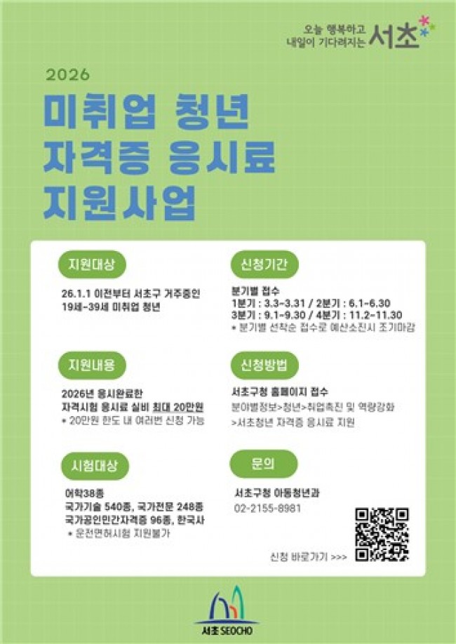 서초구, 청년 자격증 응시료 지원 확대…하반기 850명 부담 덜어준다