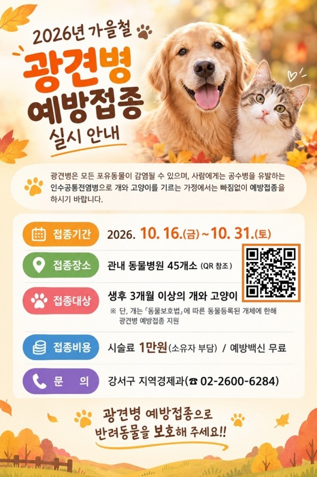 서울 강서구, 가을철 광견병 백신 2,500마리분 공급…16일부터 선착순 접종